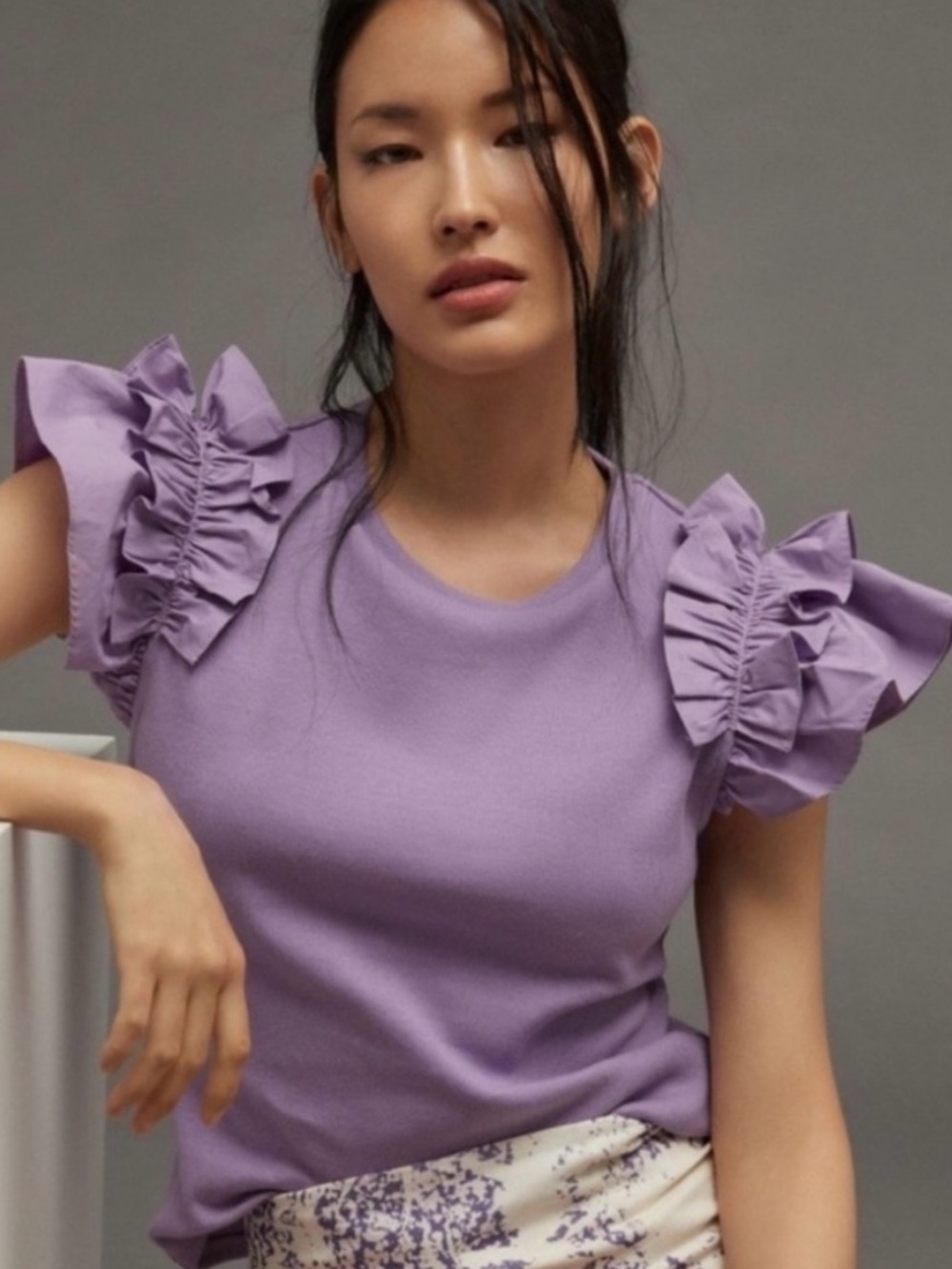 ANTHROPOLOGIE Lavender Ruffle Sleeve Women's Top Size XS EUC
